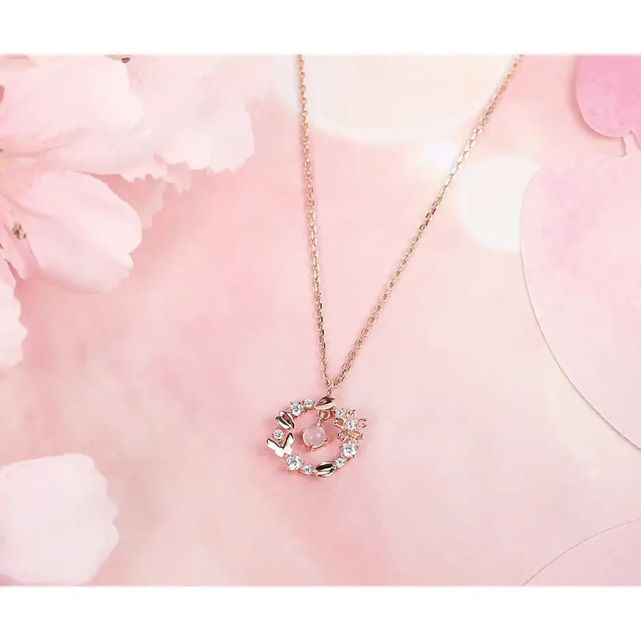 CLUE - Pink Cherry Blossom Rose Quartz Silver Necklace - CLUE - Jewelry - Harumio
