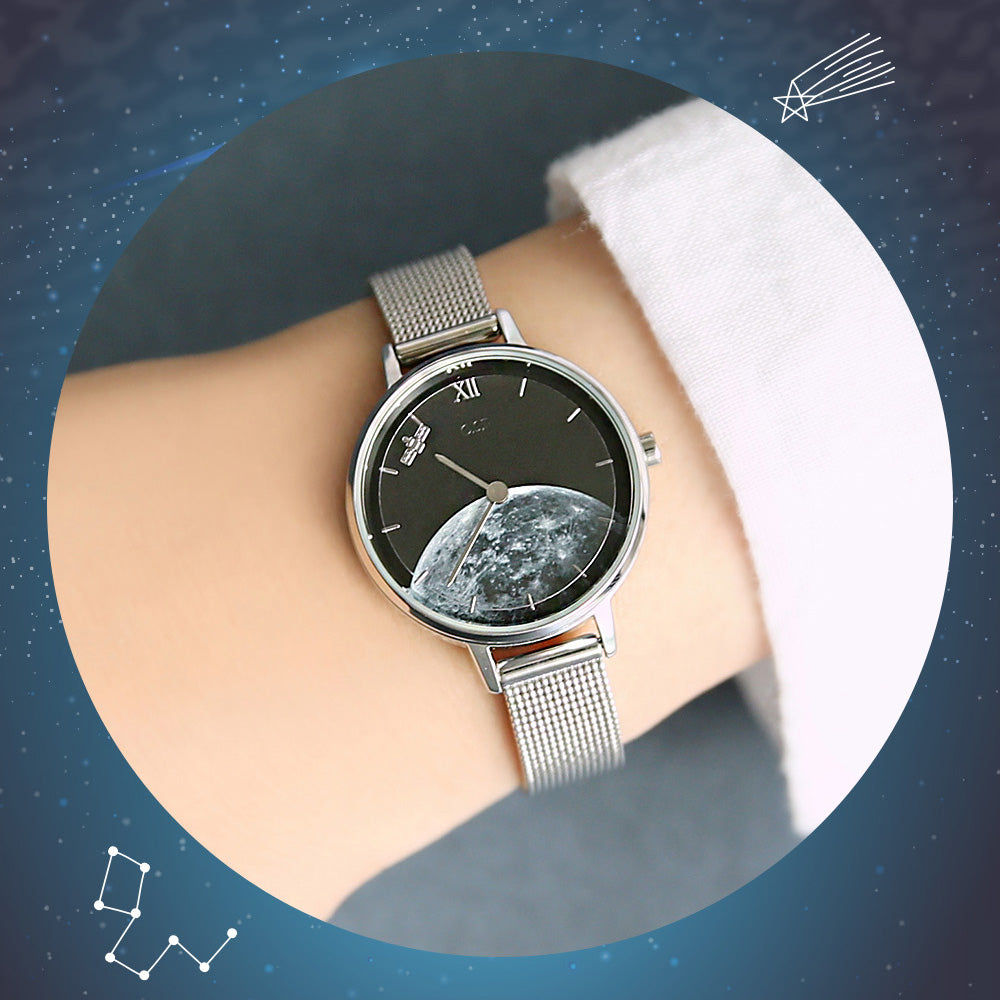 OST - Earth Night Sky Artificial Satellite Silver Mesh Watch