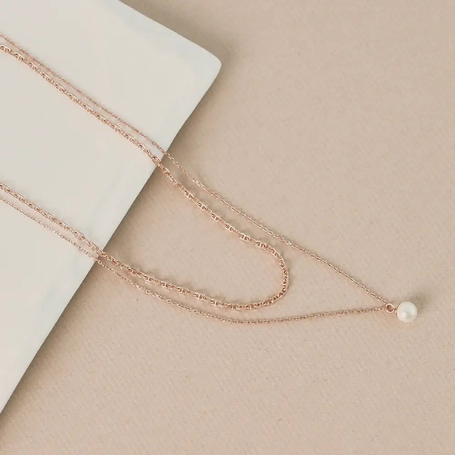 CLUE - Layered Chain Integrated Pearl Silver Necklace - CLUE - Jewelry - Harumio