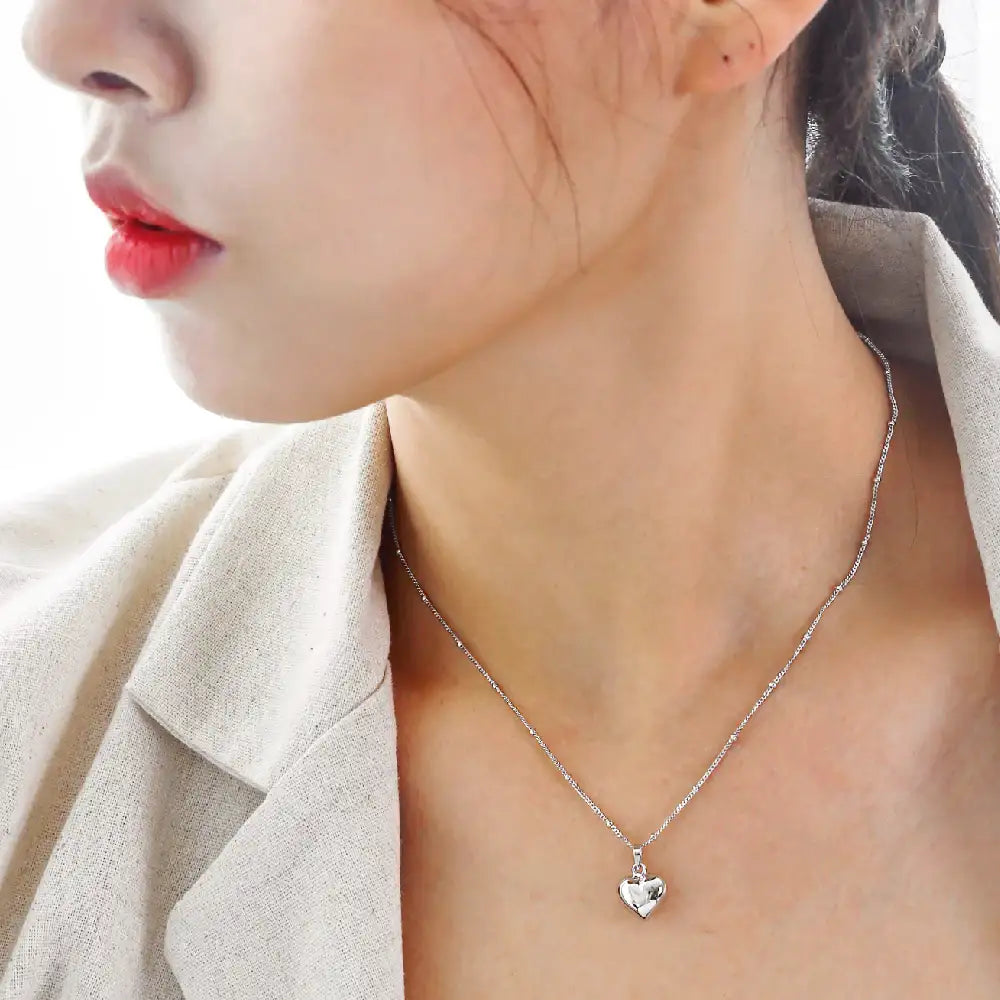 CLUE - Plump Heart Embossed Silver Necklace - CLUE - Jewelry - Harumio
