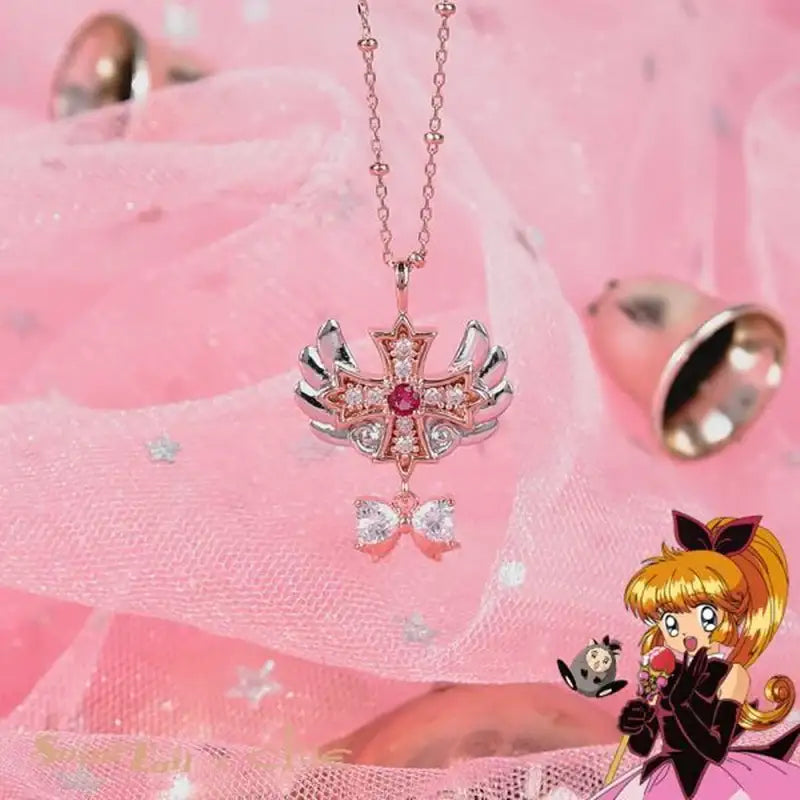 Saint Tail x Clue - Angel Wing Cross With Ribbon Silver Necklace - CLUE - Jewelry - Harumio