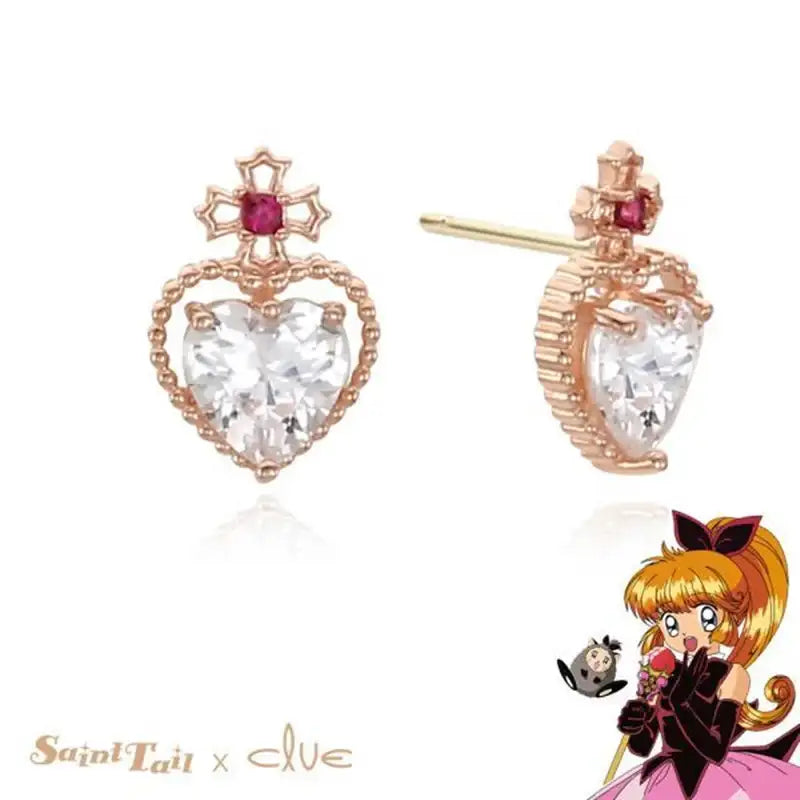 Saint Tail x Clue - Saint Crystal Heart 10K Gold Earrings - CLUE - Jewelry - Harumio