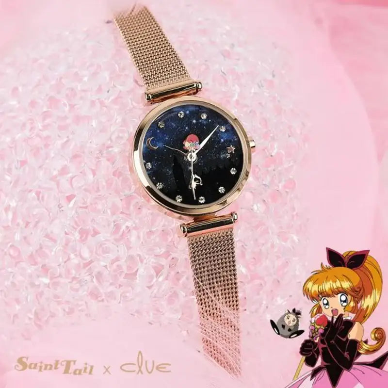 Saint Tail x Clue - Aurora Illusion Stick Rose Gold Mesh Watch - CLUE - Jewelry - Harumio