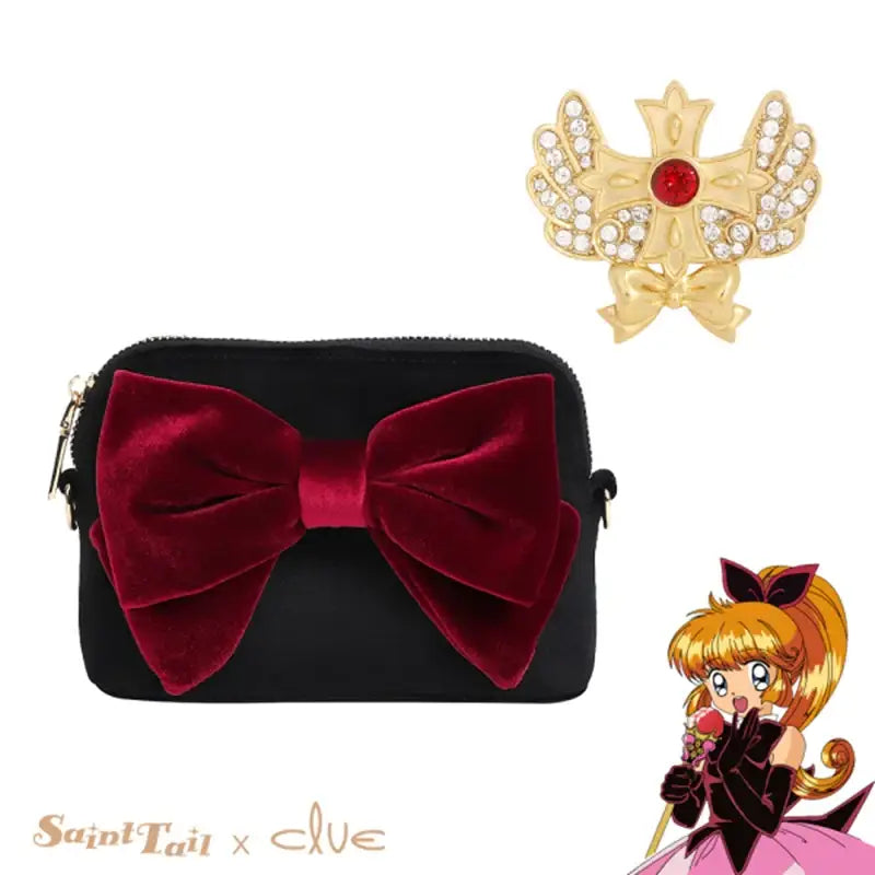 Saint Tail x Clue - Saint Velvet Ribbon Black Pouch + Ribbon Brooch Set - CLUE - Pouch - Harumio