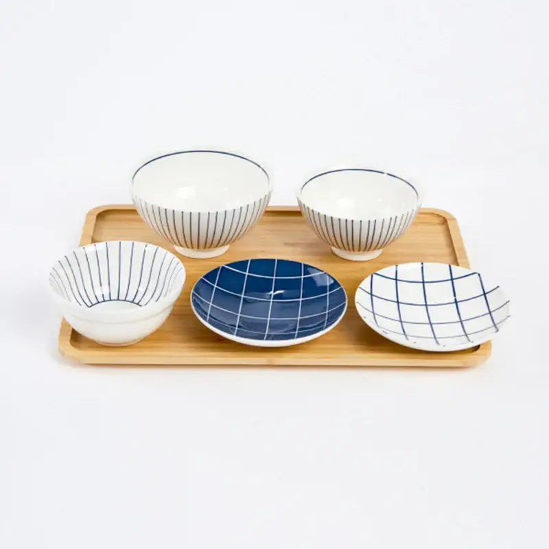 L Blue Line Korean Tableware Set 5P & Bamboo Tray - Modern House - Kitchenware - Harumio
