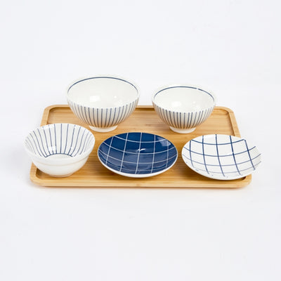 L Blue Line Korean Tableware Set 5P & Bamboo Tray