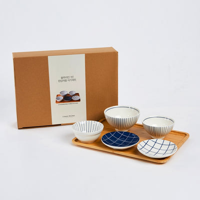 L Blue Line Korean Tableware Set 5P & Bamboo Tray