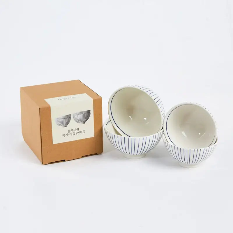 Korean L Blue Line Rice Bowl & Soup Bowl Set For 2 - Modern House - Kitchenware - Harumio