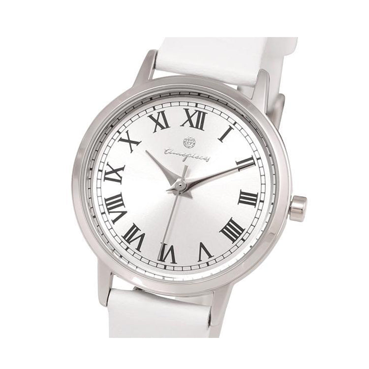 OST - Cream White Silver Round Leather Watch