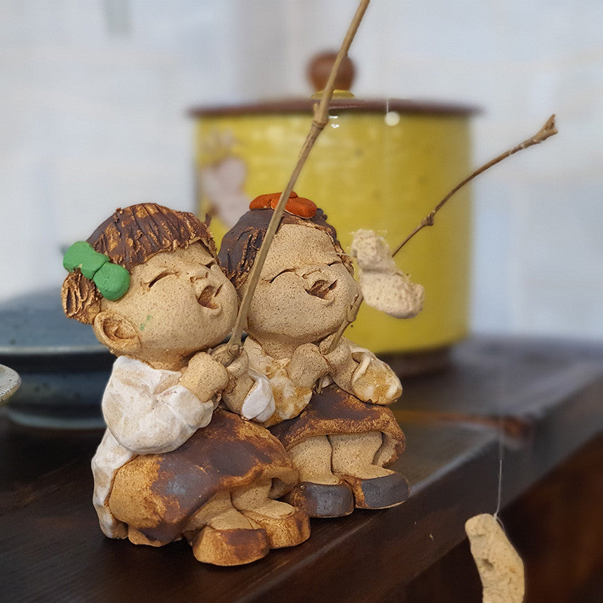 Bosan Pottery - Handmade Earthenware Happy Fishing Doll with Rod