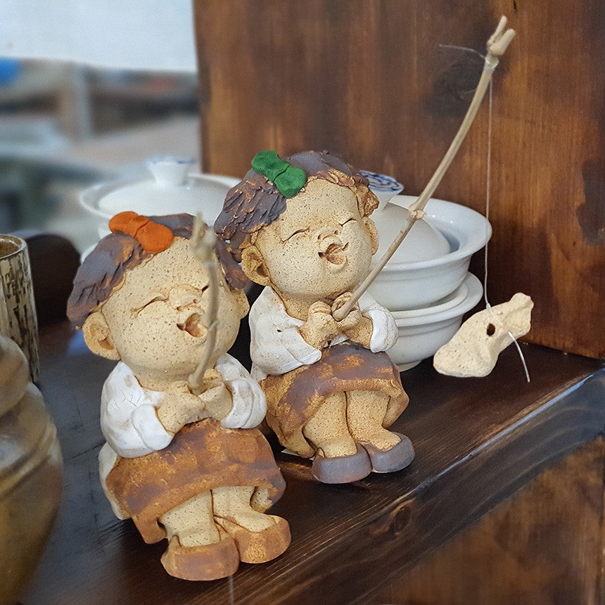 Bosan Pottery - Handmade Earthenware Happy Fishing Doll with Rod