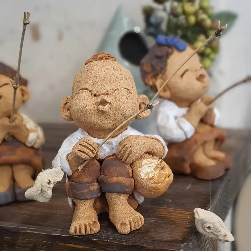 Bosan Pottery - Handmade Earthenware Happy Fishing Doll with Rod - Bosan Pottery - Home & Living, Accessories - Harumio