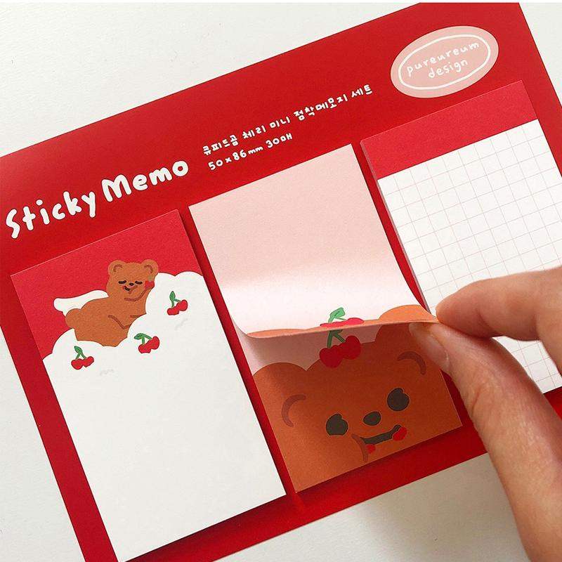 Pureureumdesign x 10x10 - Cupid Bear Cherry Mini Sticky Note Set - Pureureumdesign - Stationery - Harumio