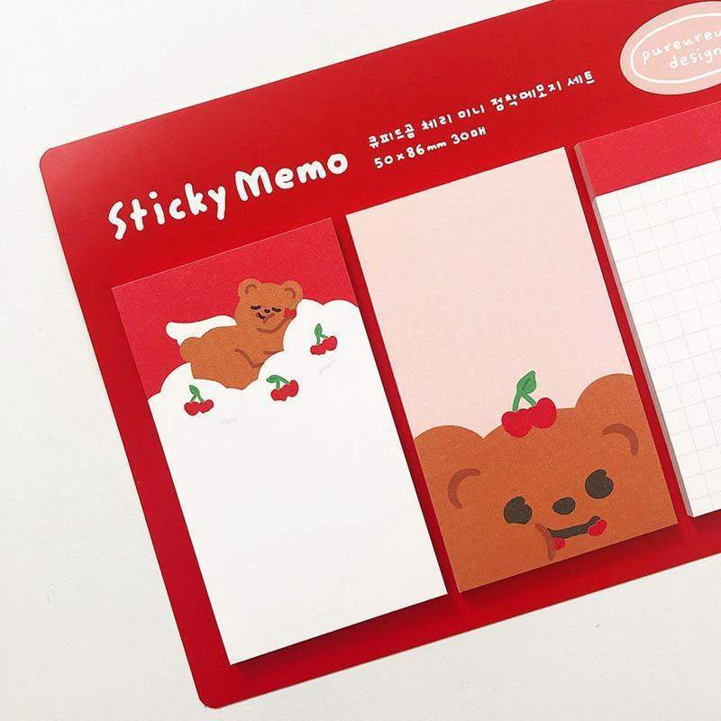 Pureureumdesign x 10x10 - Cupid Bear Cherry Mini Sticky Note Set - Pureureumdesign - Stationery - Harumio