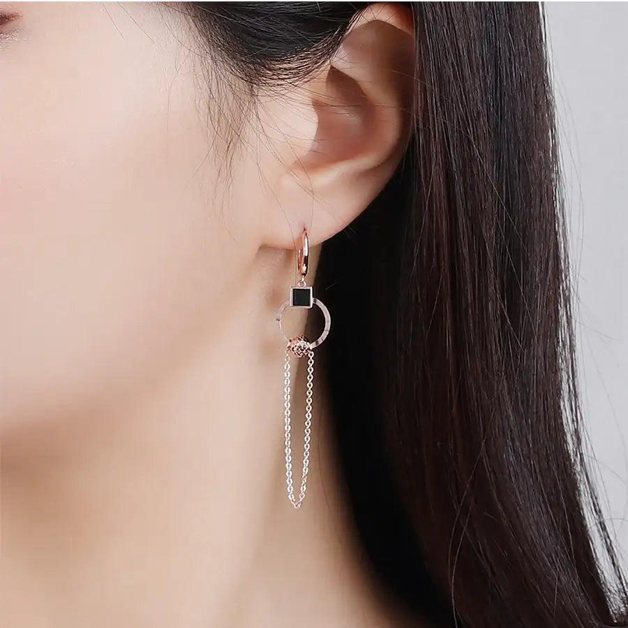 CLUE - Black Clip Chain Drop Rose Gold Earrings - CLUE - Jewelry - Harumio