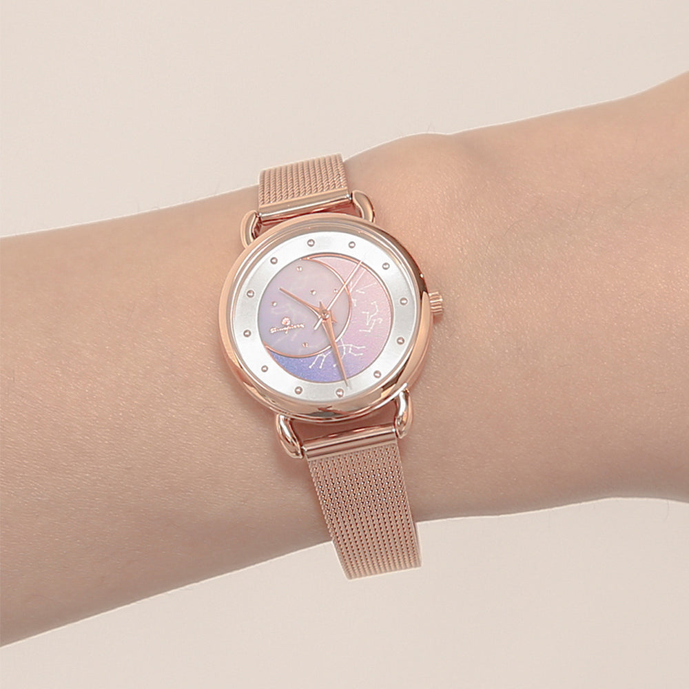 OST - Summer Night Sky Moon Phase Rose Gold Women's Mesh Watch