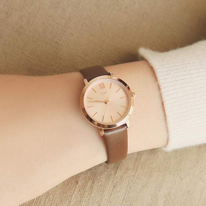 OST - Simple Rose Gold Index Brown Leather Watch