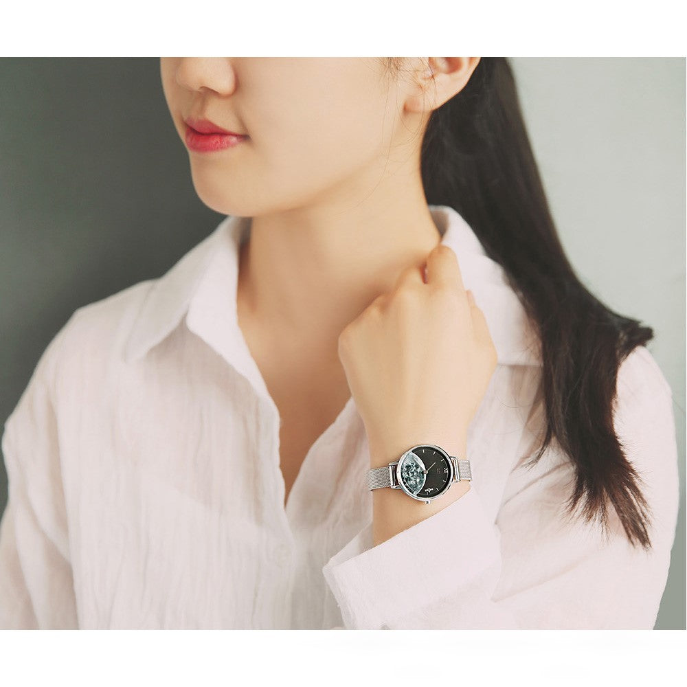OST - Earth Night Sky Artificial Satellite Silver Mesh Watch