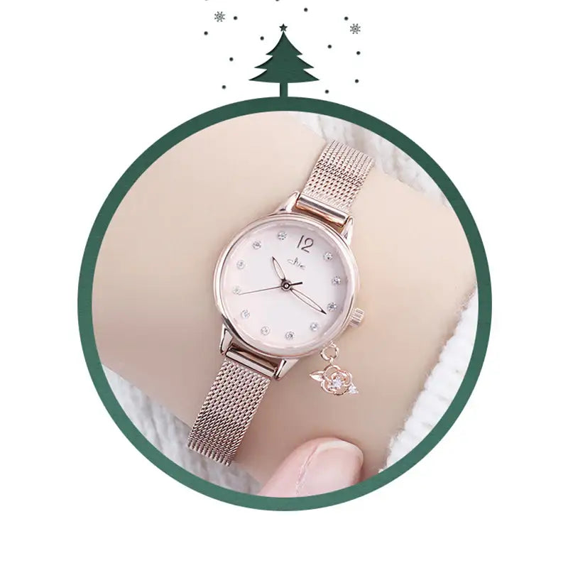 CLUE - Camellia Charm Cubic Index Rose Gold Mesh Watch - CLUE - Watches - Harumio