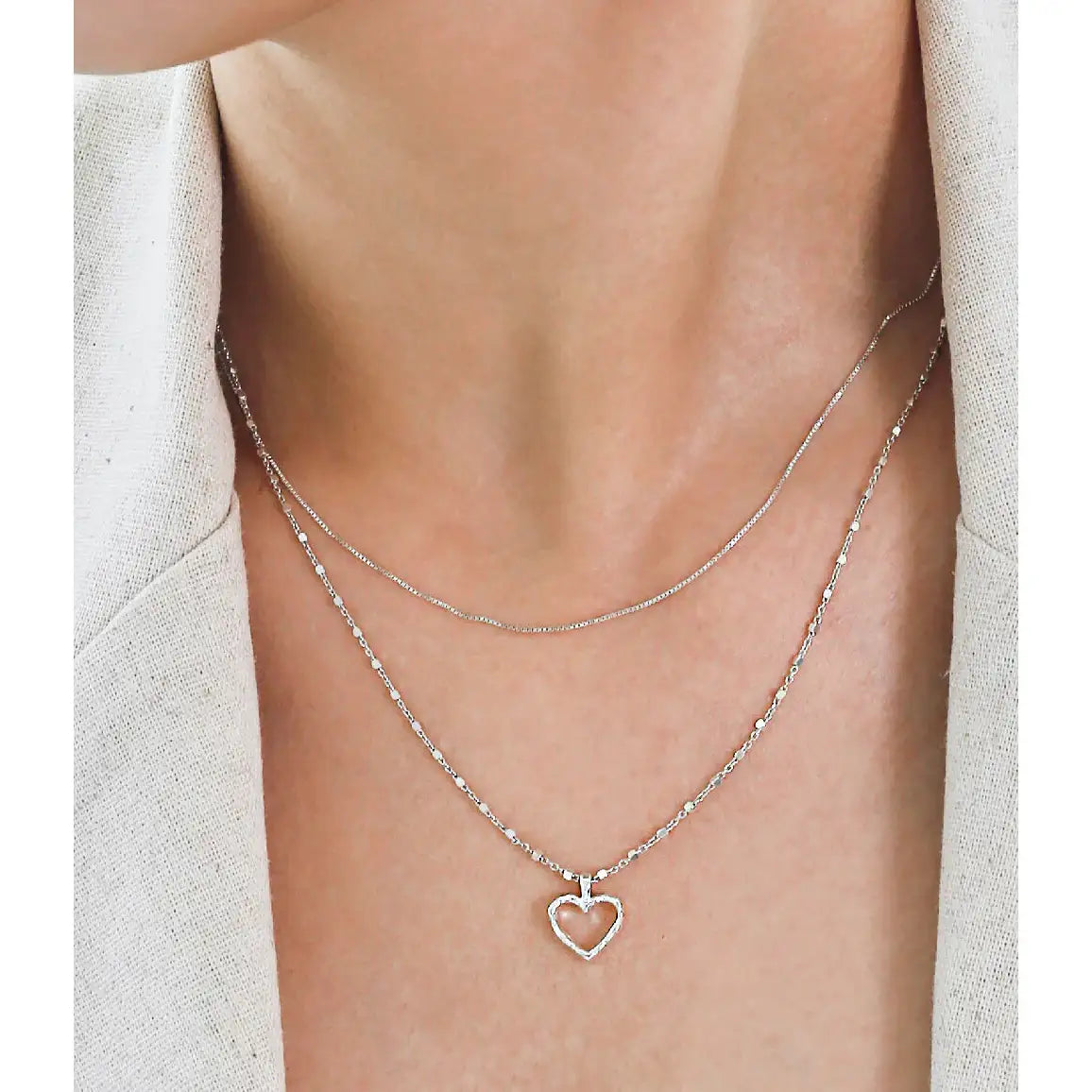 CLUE - Layered Open Heart Integrated Silver Necklace - CLUE - Jewelry - Harumio