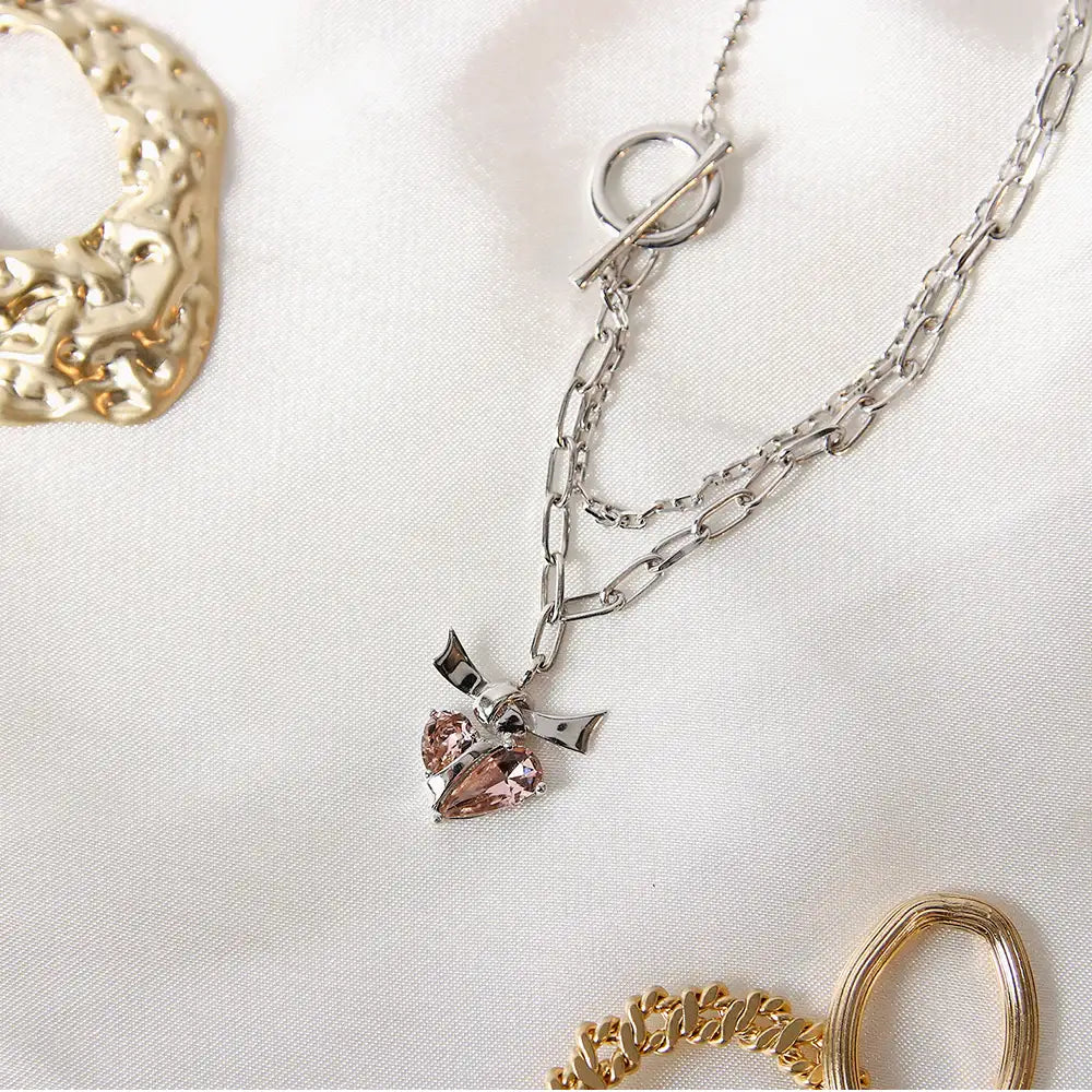 Bloom x Linky Laboratory - Embo Heart Tie Silver Necklace - Bloom x Linky Laboratory - Jewelry - Harumio