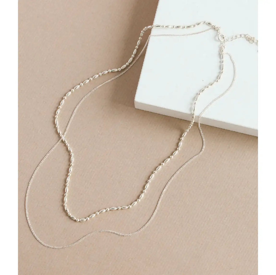 CLUE - Layered Bead Chain Integrated Silver Necklace - CLUE - Jewelry - Harumio