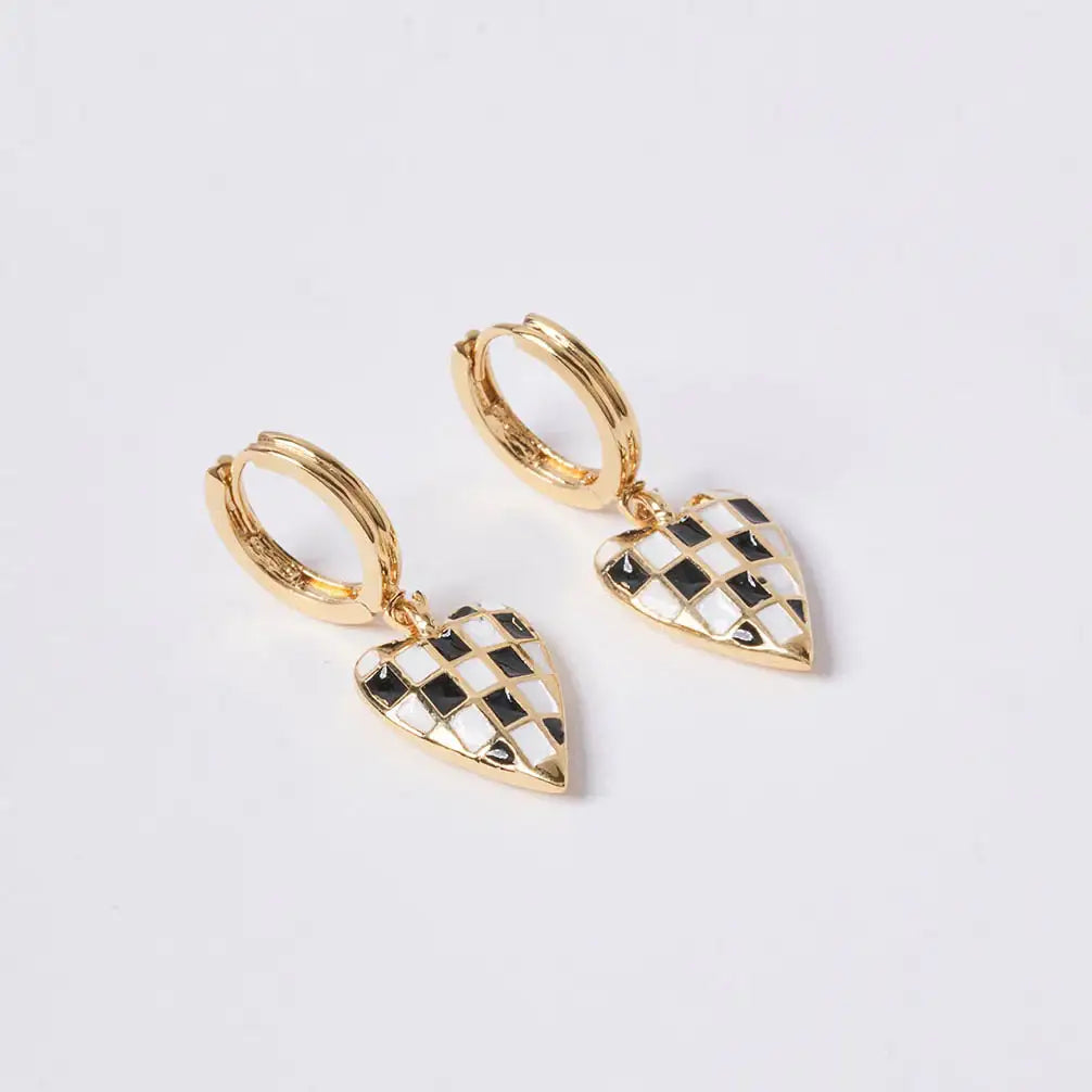 OST - POPTS Collection Black Checkerboard Heart One Touch Earrings - OST - Jewelry - Harumio