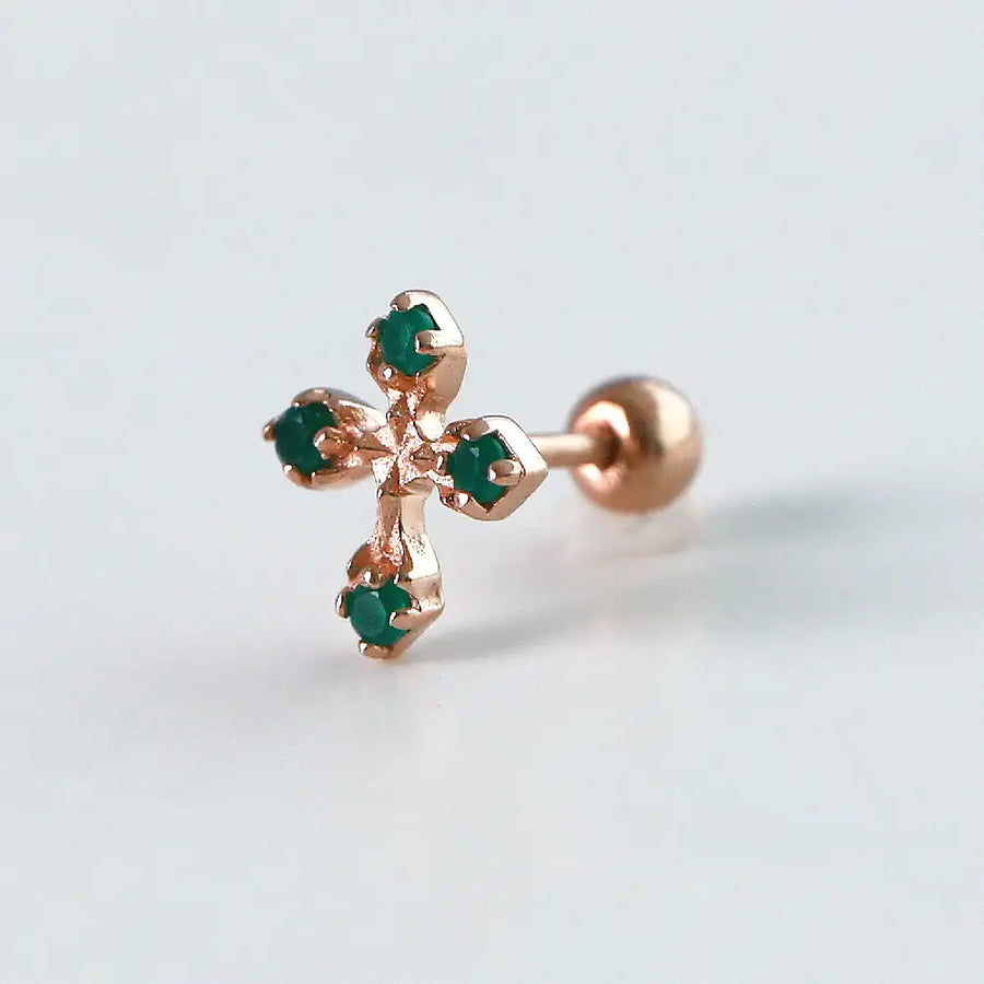 CLUE - Wish Spell Green Onyx Natural Stone Cross Silver Piercing - CLUE - Jewelry - Harumio