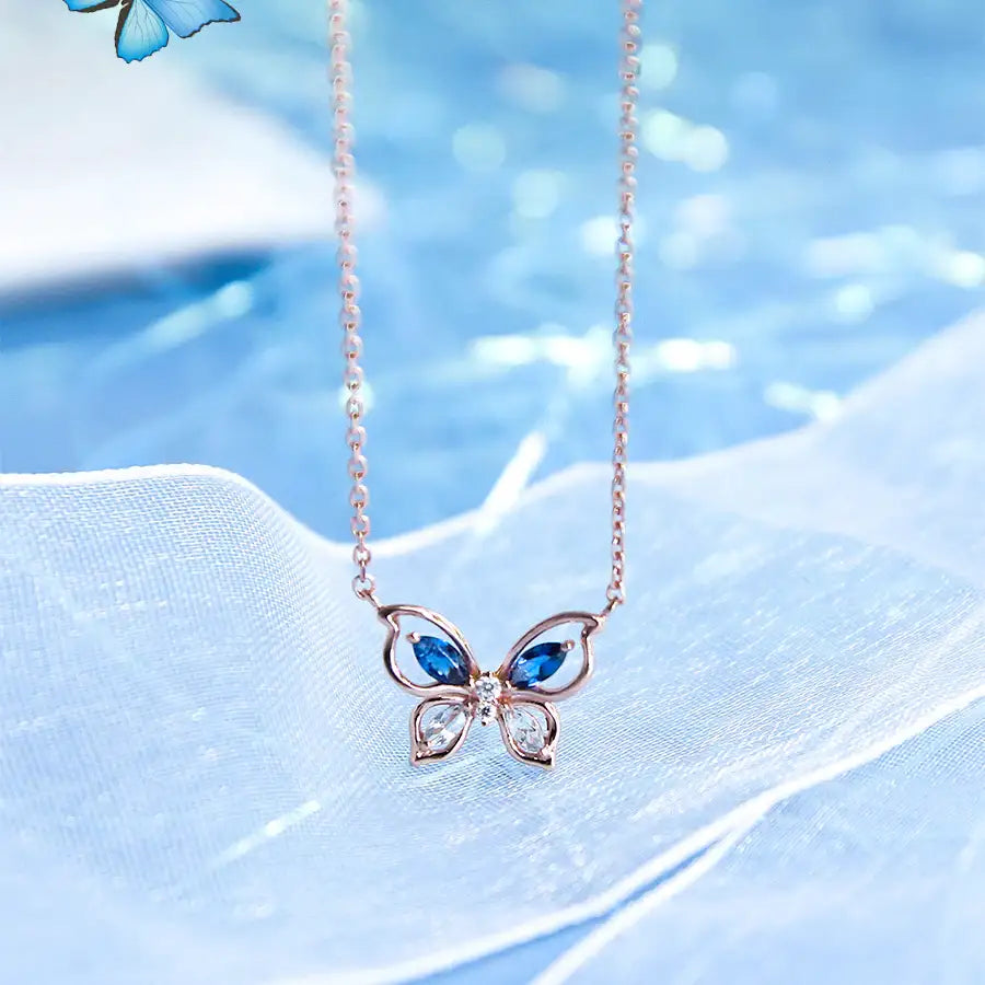 CLUE - Butterfly's Blue Wings Rose Gold Necklace - CLUE - Jewelry - Harumio