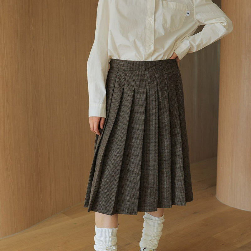 3CE STYLENANDA - Hound Jan Check Pleated Midi Skirt