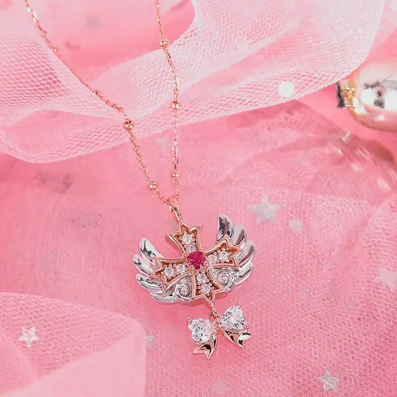 Saint Tail x Clue - Angel Wing Cross With Ribbon Silver Necklace - CLUE - Jewelry - Harumio