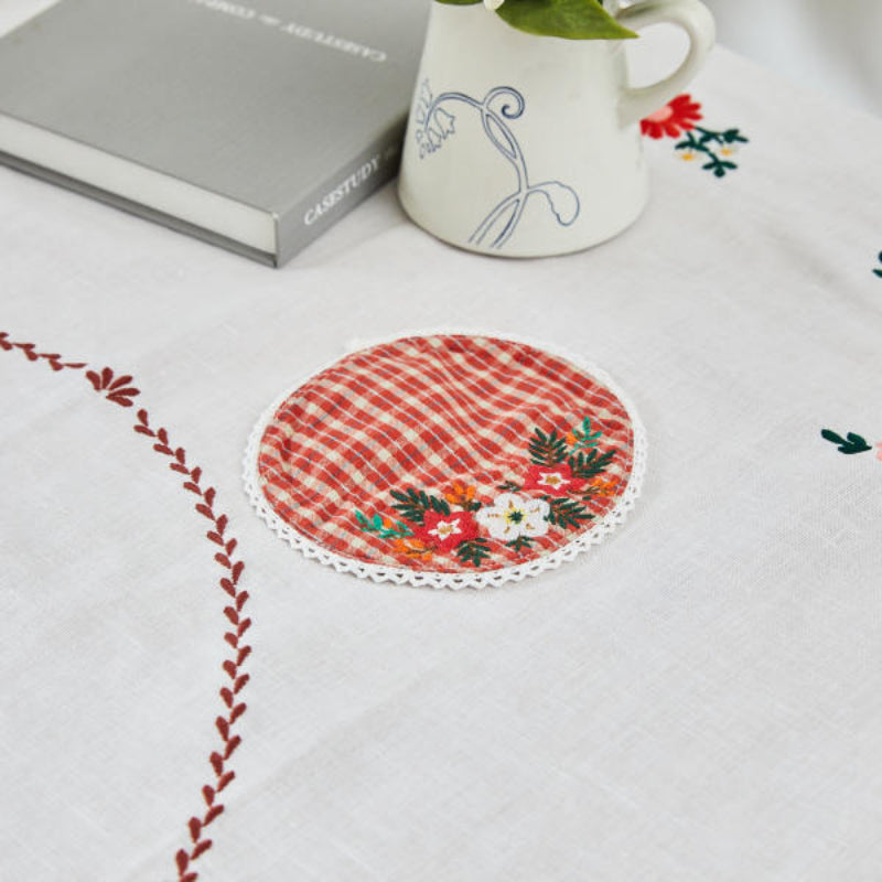 Korean L Red Check - Vintage Flower Embroidery Tea Coaster