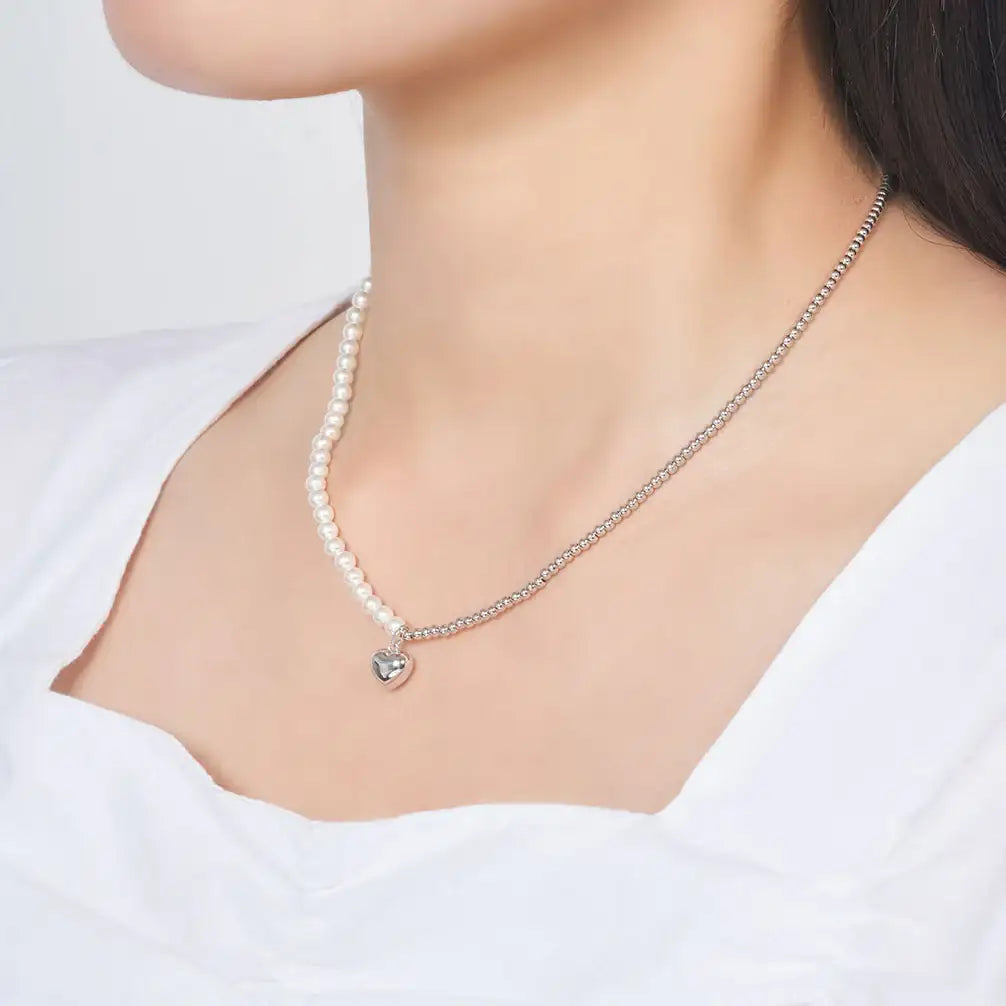 OST - POPTS Collection Half Pearl Earth Heart Necklace - OST - Jewelry - Harumio