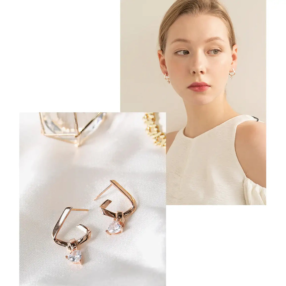 Bloom x Linky Laboratory - Labyrinth Ribbon Dual Heart Rose Gold Earrings - Bloom x Linky Laboratory - Jewelry - Harumio