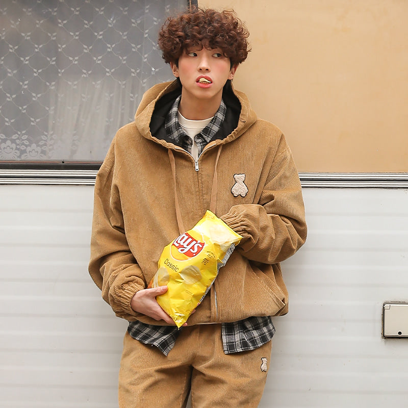 AQO - Bear Logo Corduroy Zip Up Jacket