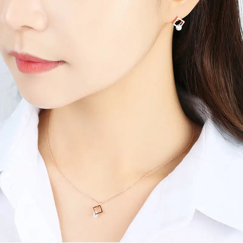 CLUE - Square Cubic Rose Gold Necklace - CLUE - Jewelry - Harumio