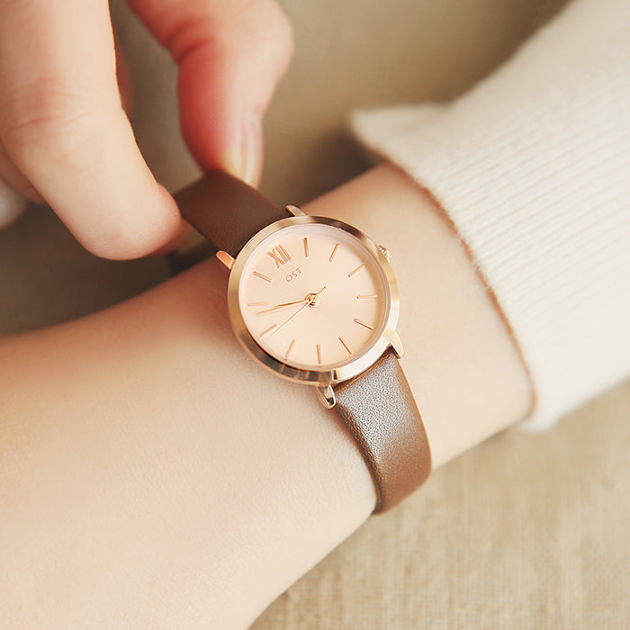 OST - Simple Rose Gold Index Brown Leather Watch