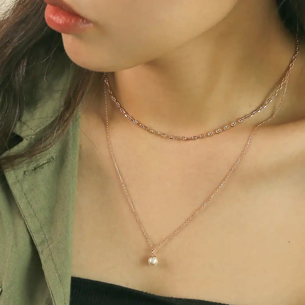 CLUE - Layered Chain Integrated Pearl Silver Necklace - CLUE - Jewelry - Harumio