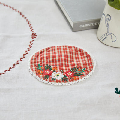 Korean L Red Check - Vintage Flower Embroidery Tea Coaster