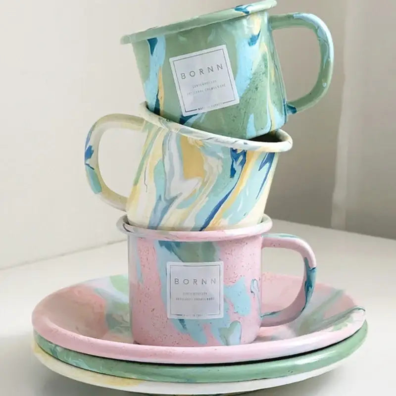 Like A Cafe - Bornn Enamel New Marble - Mug & Small Flat Plate - Like A Cafe - Home & Living - Harumio