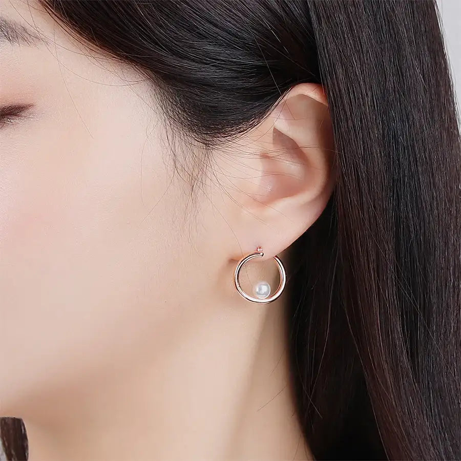 CLUE - Round Pearl One Touch Rose Gold Earrings - CLUE - Jewelry - Harumio