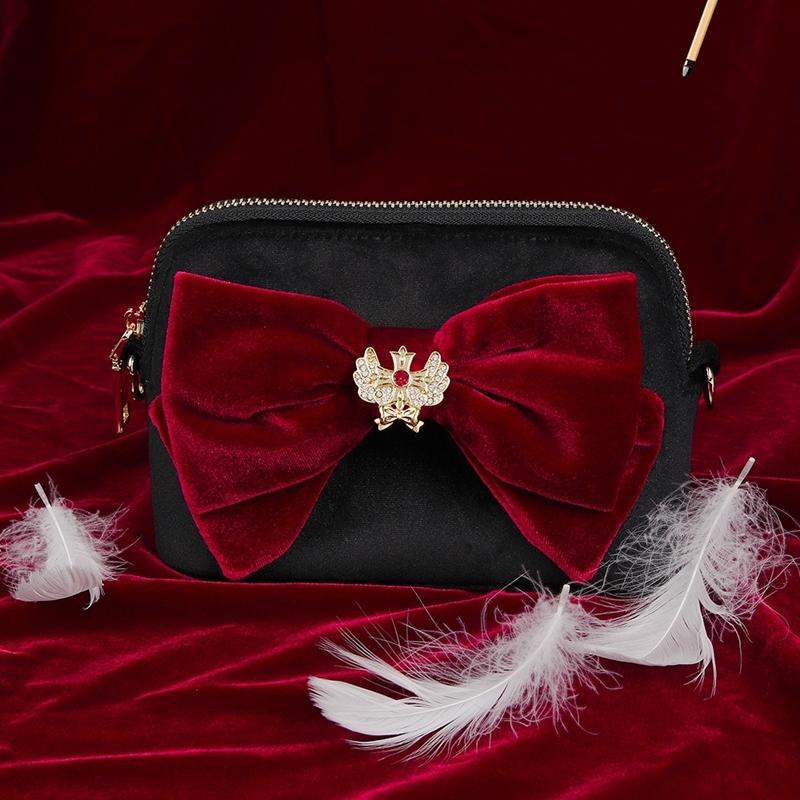 Saint Tail x Clue - Saint Velvet Ribbon Black Pouch + Ribbon Brooch Set - CLUE - Pouch - Harumio