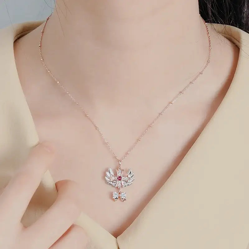Saint Tail x Clue - Angel Wing Cross With Ribbon Silver Necklace - CLUE - Jewelry - Harumio