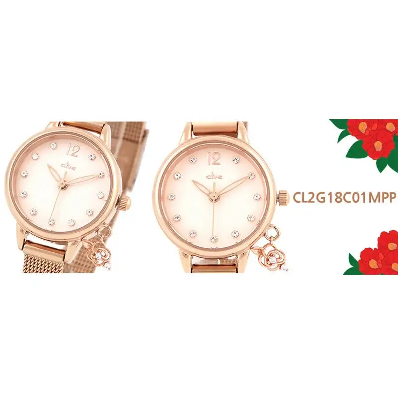 CLUE - Camellia Charm Cubic Index Rose Gold Mesh Watch - CLUE - Watches - Harumio