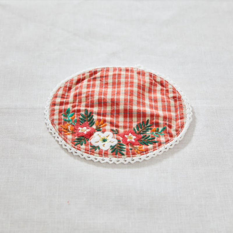 Korean L Red Check - Vintage Flower Embroidery Tea Coaster
