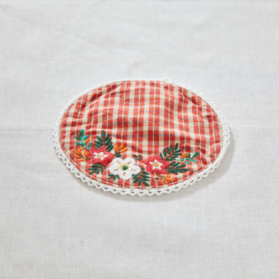 Korean L Red Check - Vintage Flower Embroidery Tea Coaster
