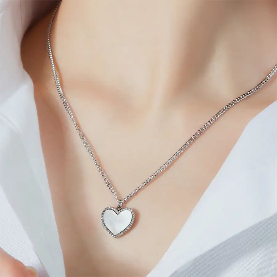 CLUE - Heart White Mother-of-Pearl Surgical Steel Necklace