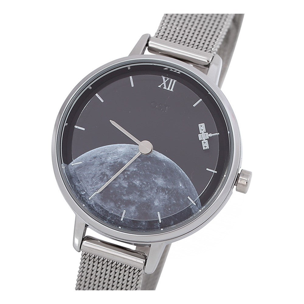 OST - Earth Night Sky Artificial Satellite Silver Mesh Watch