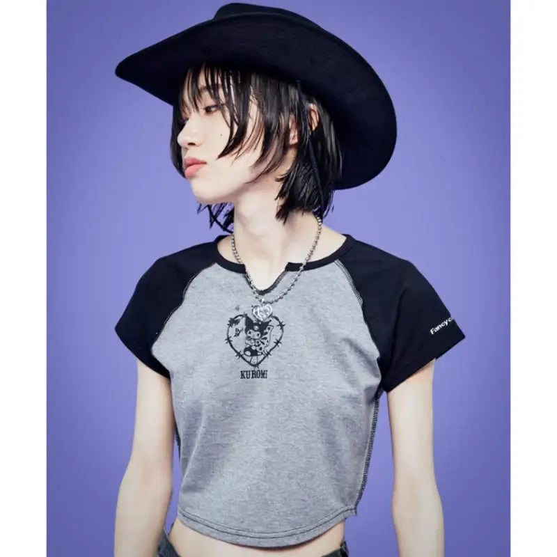 FANCY X KUROMI - Prickle Slit Neck Crop Tee - FANCY X KUROMI - Clothes - Harumio