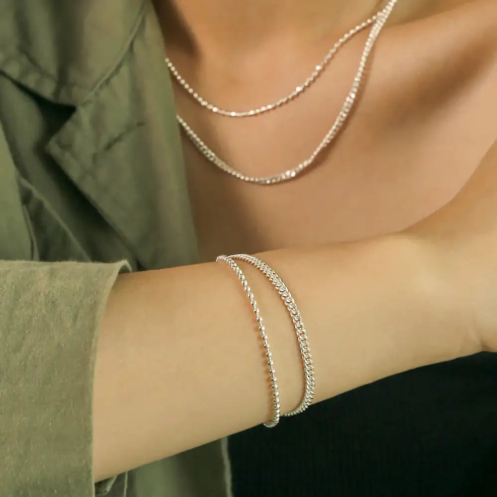 CLUE - Layered Curb Chain Integrated Silver Bracelet - CLUE - Jewelry - Harumio